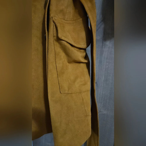 ZARA Faux suede belted utility mini dress romper. Mustard tan color. Size Medium - Picture 11 of 16